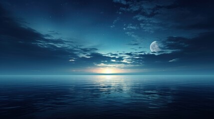  a large body of water with a full moon in the sky and a few clouds in the sky above it.