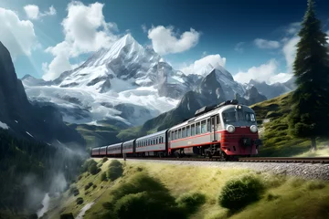 Fotobehang Train driving in the Mountain, illustration, swiss train, train track, mountain train, historic train © MrJeans