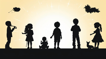 Fototapeta na wymiar A set of silhouettes of children Happy childhood