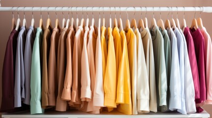 Colorful shirts hanging on hangers in a closet. Generative AI.
