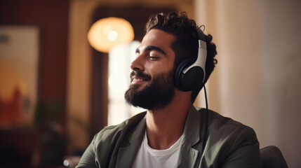 A man with a beard and headphones listening to music. Generative AI. - obrazy, fototapety, plakaty