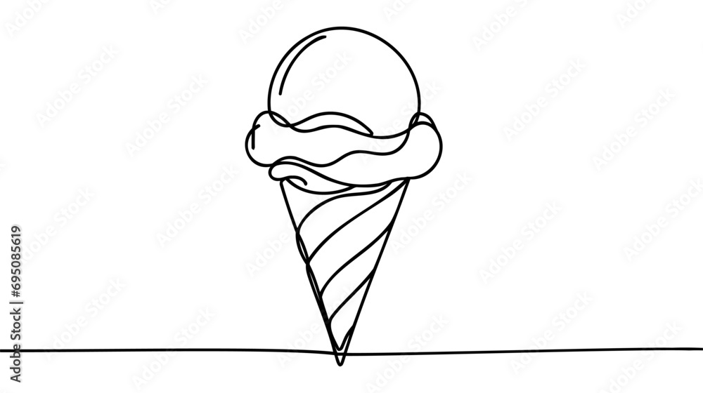Aufkleber soft serve ice cream in waffle cone in continuous line art drawing style. black line sketch on white