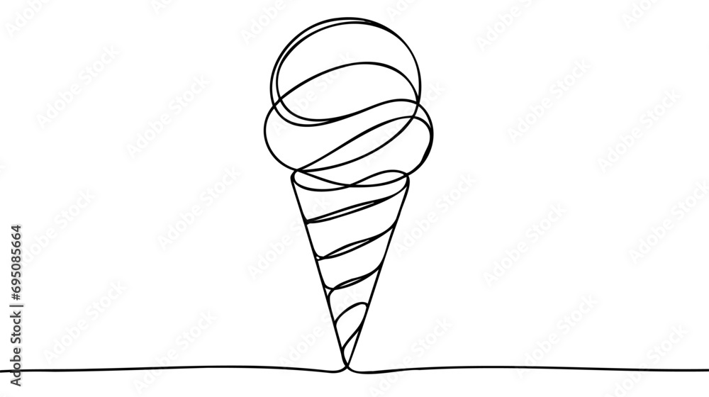 Aufkleber soft serve ice cream in waffle cone in continuous line art drawing style. black line sketch on white