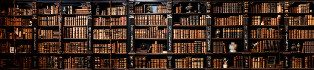 Old bookshelves with candles, lanterns and other decorative objects. Panoramic view.