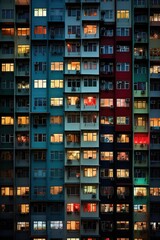 Fototapeta na wymiar A building with many windows lit up at night. Generative AI.
