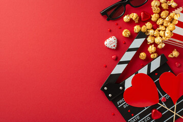 Cinematic Love Affair: Top-down view of a clapperboard, 3D glasses, scattered popcorn, candies,...
