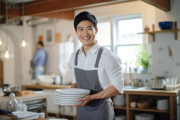 Fototapeta na wymiar Male Asian person wearing apron and holding plates at clean and spacious kitchen