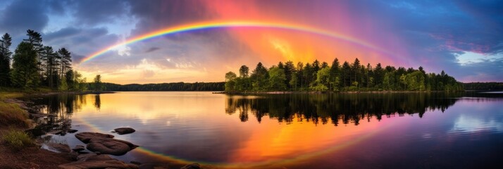 A bright rainbow over the lake