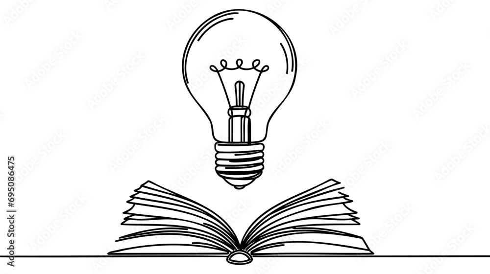 Poster one single line drawing of shining light bulb above open text book logo identity.