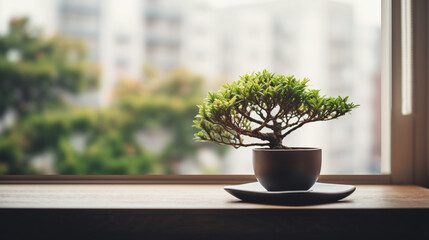  A small bonsai tree sitting on top of a wooden table