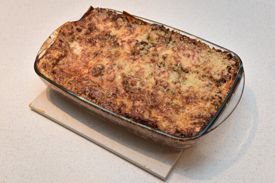 freshly baked lasagna al forno from the oven