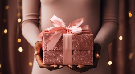 a happy birthday gift wrapped in pink ribbon is held in the hands of persons