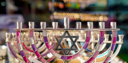 Menorah, Jewish national lamp in a gift shop