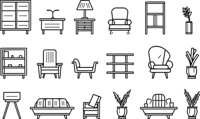 Basic Furniture icon set in thin line style. AI generated illustration.