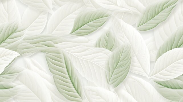  a close up of a white and green wallpaper with a leafy pattern on the back of the wall.