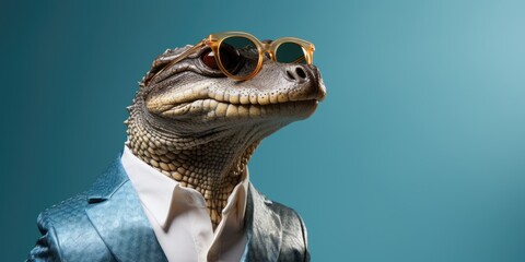 Stylish alligator in a business suit on a blue background. Generative AI - obrazy, fototapety, plakaty