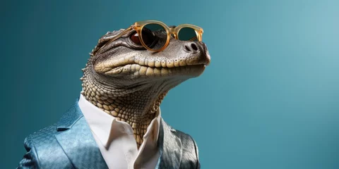 Fototapeten Stylish alligator in a business suit on a blue background. Generative AI © 22_monkeyzzz