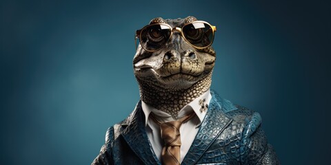 Stylish alligator in a business suit on a blue background. Generative AI - obrazy, fototapety, plakaty