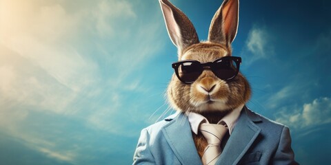 Stylish and cool hare or rabbit in a business suit on a blue background.  - obrazy, fototapety, plakaty