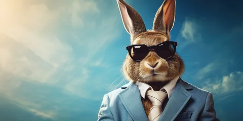 Foto op Aluminium Stylish and cool hare or rabbit in a business suit on a blue background.  © 22_monkeyzzz