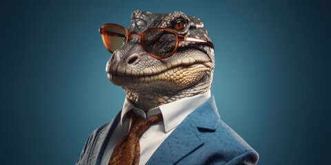 Cool crocodile in a business suit. Place for text. Blue background. Generative AI - obrazy, fototapety, plakaty