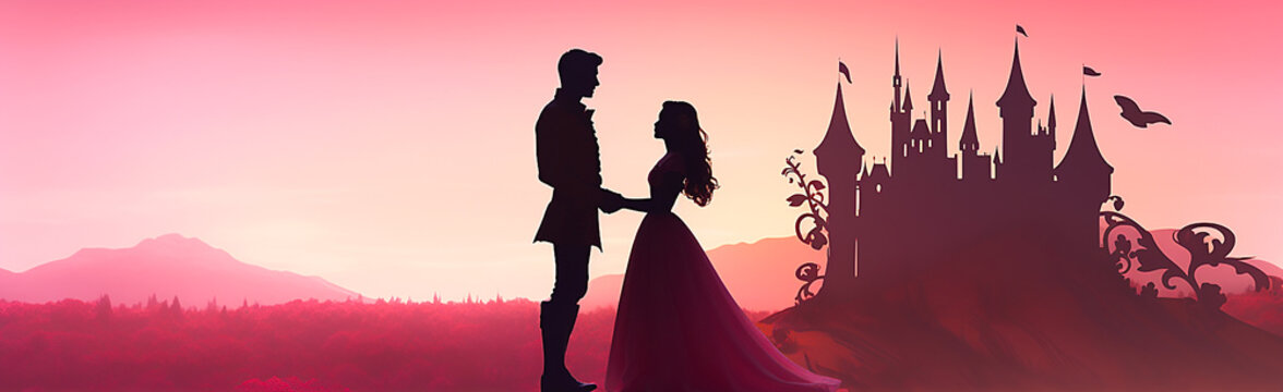 Silhouette of prince giving roses to princess on pink background