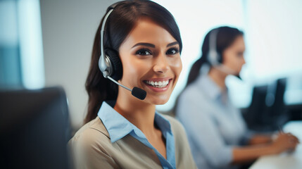 a happy, smiling woman as she efficiently works in a call center, creating a vibrant and dynamic professional atmosphere. Generative AI.