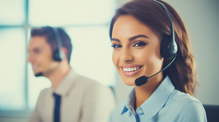 a happy, smiling woman as she efficiently works in a call center, creating a vibrant and dynamic professional atmosphere. Generative AI.