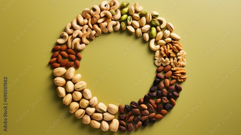 Poster a group of nuts arranged in the shape of a letter o on a green background with a shadow of the lette