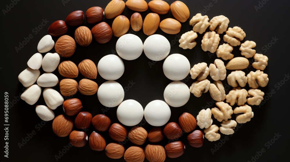 Poster  a circle of nuts and nutshells arranged in the shape of the letter o on a black background with space for text.