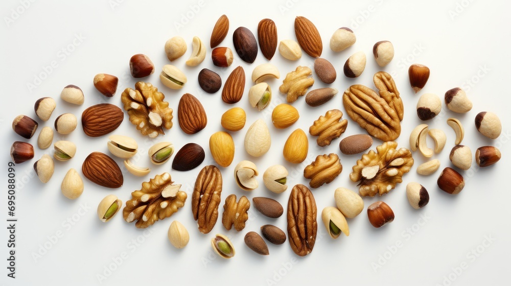 Poster a pile of nuts on a white surface with one nut in the middle of the nuts and the rest of the nuts in