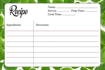 Blank Recipe Cards for Bridal Shower and Wedding, green leaves backgrounds