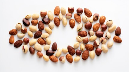  a group of nuts arranged in the shape of the letter o on a white background with copy space in the middle.