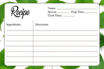 Blank Recipe Cards for Bridal Shower and Wedding, green leaves background