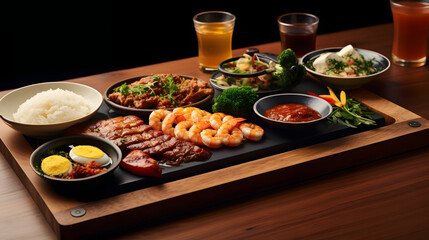 Gourmet Platter with Grilled Meat, Shrimp, and Sides