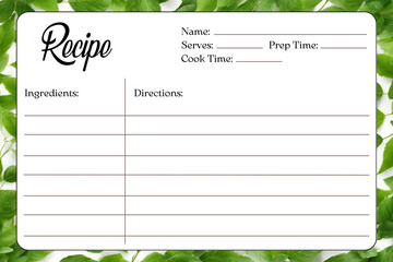 Blank Recipe Cards for Bridal Shower and Wedding, green leaves background