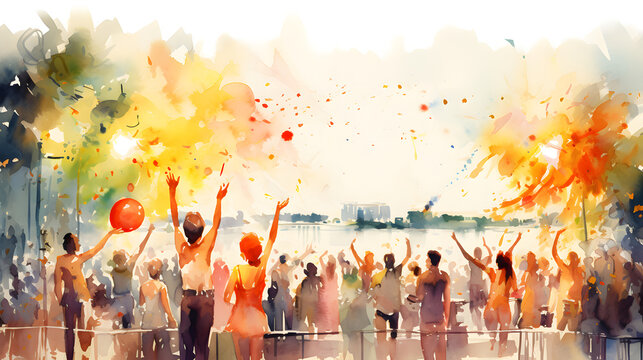 Vibrant Watercolor Festival Crowd Celebrating with Fireworks and Balloons