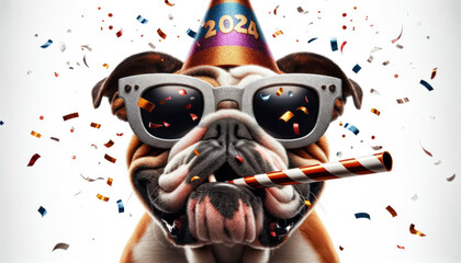 Funny bullgog celebrating party birthday or carnival wearing party hat. Creative animal concept. English Bulldog at  party wearing party hat and striped horn - obrazy, fototapety, plakaty