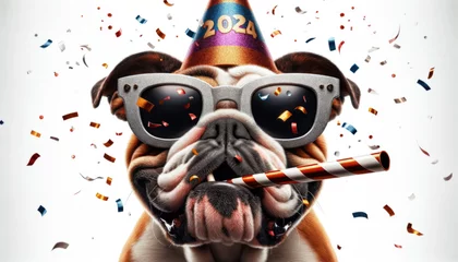 Foto op Plexiglas Funny bullgog celebrating party birthday or carnival wearing party hat. Creative animal concept. English Bulldog at  party wearing party hat and striped horn © angellodeco