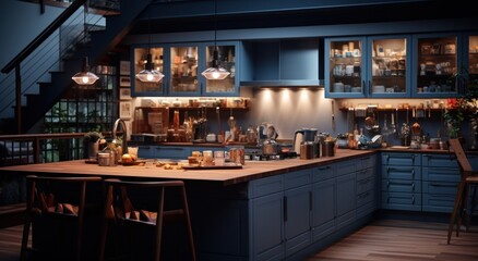 a kitchen with lots of lights