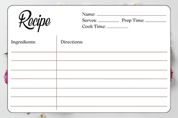 Blank Recipe Cards for Bridal Shower and Wedding, recipe card template, flowers background