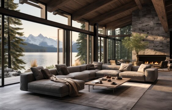 Fototapeta a living room with large windows overlooking a lake