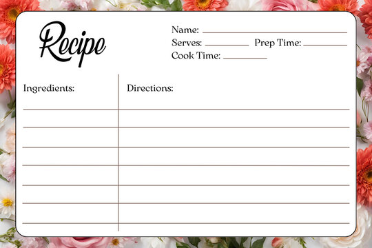 Blank Recipe Cards for Bridal Shower and Wedding, recipe card template, flowers background
