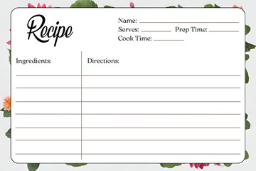 Blank Recipe Cards for Bridal Shower and Wedding, flower backgrounds