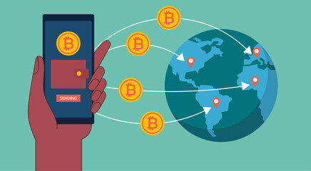 Cross-Border Money Transfer to Global with Hand holding Digital Crypto Wallet and Bitcoin App Gateway Platform, Vector Flat Illustration Design