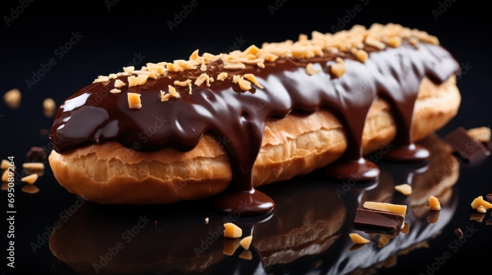 Poster a close up of a doughnut with chocolate and nuts on a black surface with a reflection of the doughnu