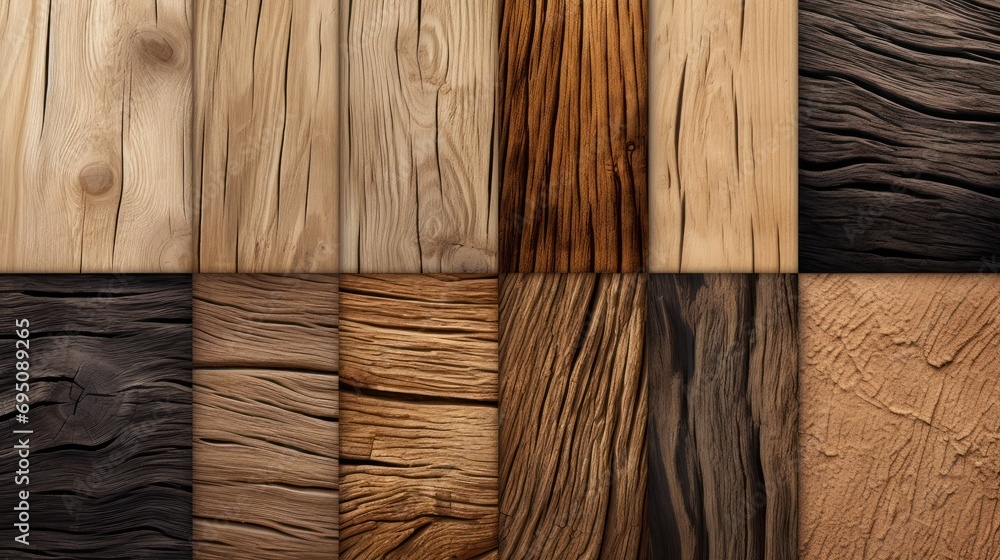 Poster a bunch of wood planks that are all different colors and sizes, all lined up in the same row.