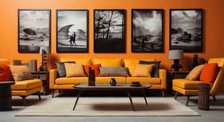 a living room full of yellow couches and framed pictures
