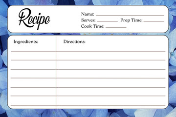 Blank Recipe Cards for Bridal Shower and Wedding, recipe card template, blue flower background