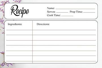 Blank Recipe Cards for Bridal Shower and Wedding, recipe card template v5 - obrazy, fototapety, plakaty